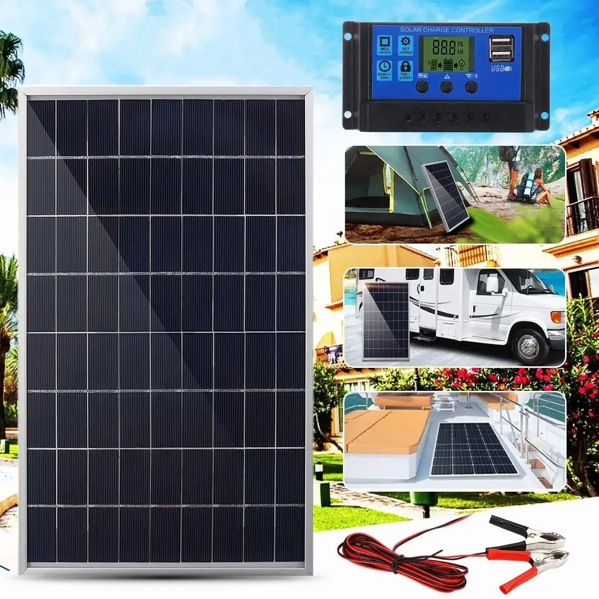 100A Solar Panel Kit Complete12V Polycrystalline Power Portable Outdoor Rechargeable Solar Cell Solar Generator for Home