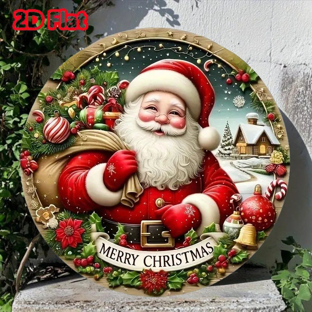 Merry Christmas Winter Snowman Metal Sign - Round Hanging Decoration for Front Door and Home Wall 