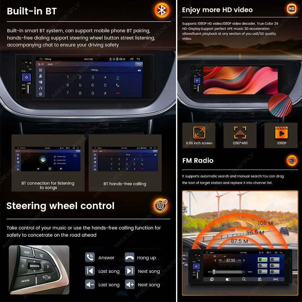 6,86" 1DIN autoradio met draadloze CarPlay, Android Auto en Bluetooth