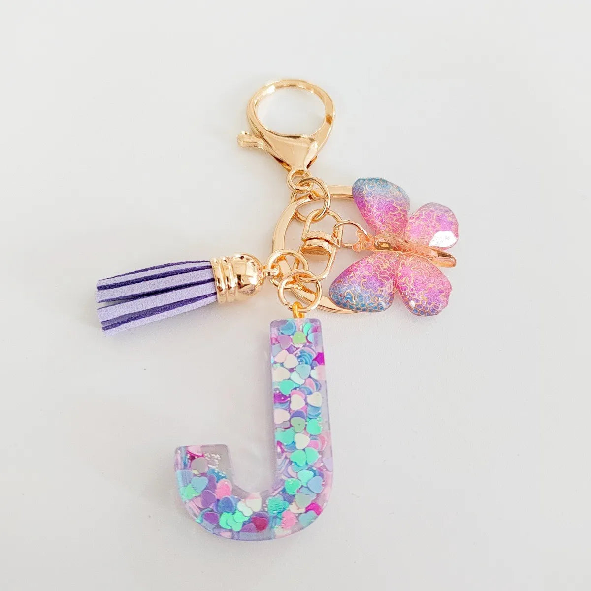 Fashion butterfly Fringe Initial Keychain Drop Glue Blend Sequin A-Z26 Letter Keychain Cute Ladies Student Bag Accessory Gift