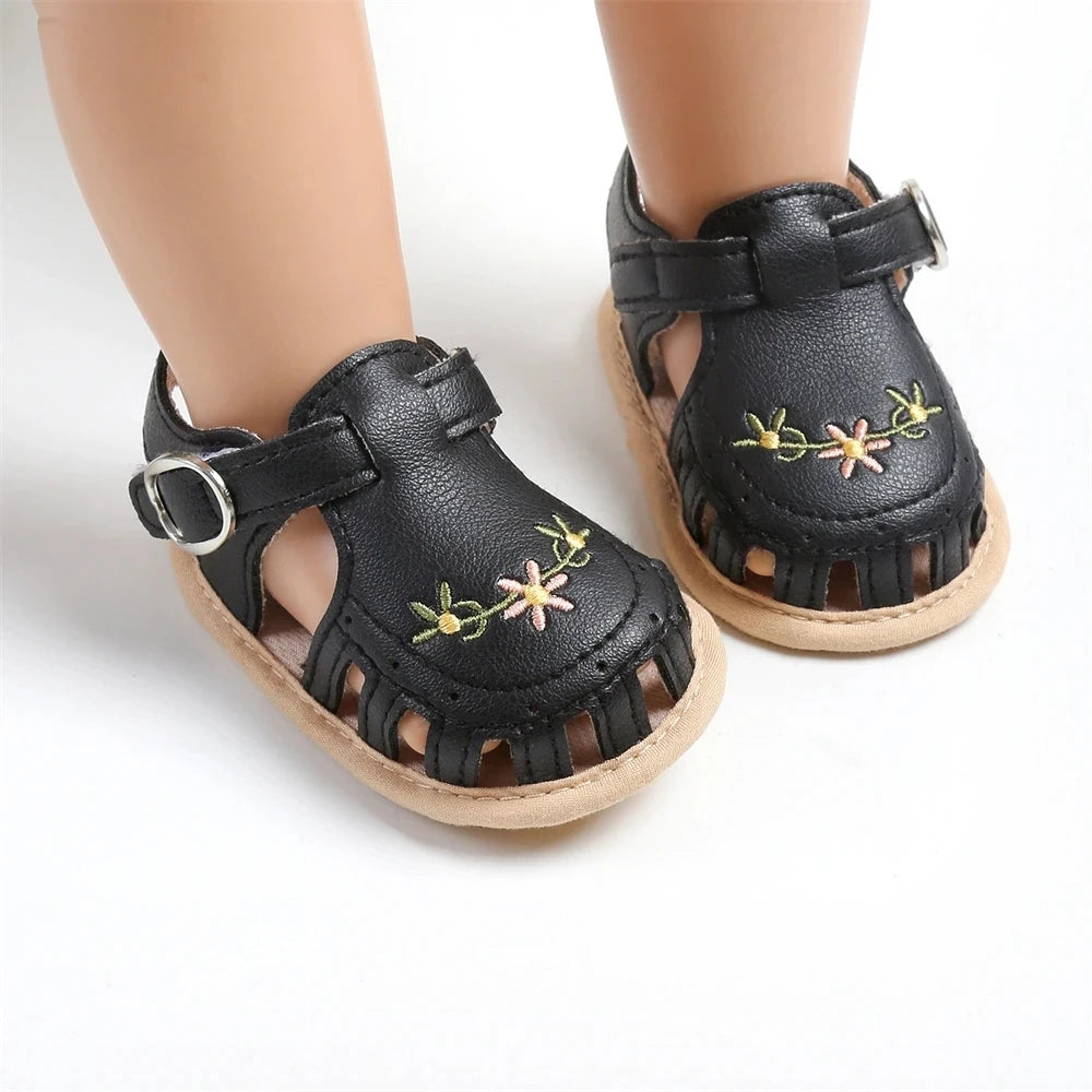 Newborn Baby Girl Sandals with Embroidered Floral Soft Sole
