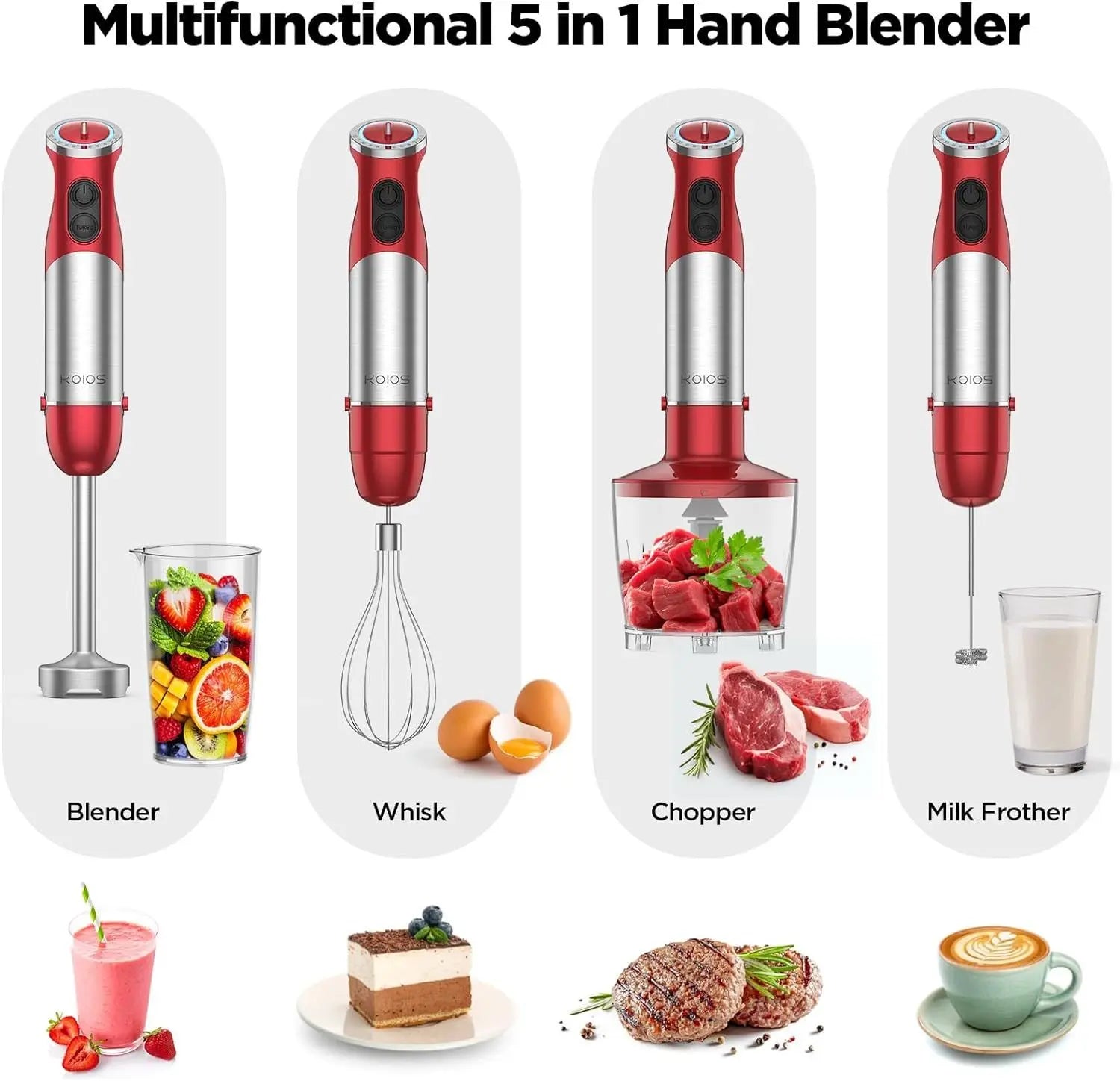 5-in-1 Hand Immersion Blender, 1000W 12 Speed Handheld Blender, Copper Motor Stainless Steel Blade Stick Blender,600ml Mixing Beaker,500ml Food Processor, Whisk, Milk Frother, BPA-Free, Red