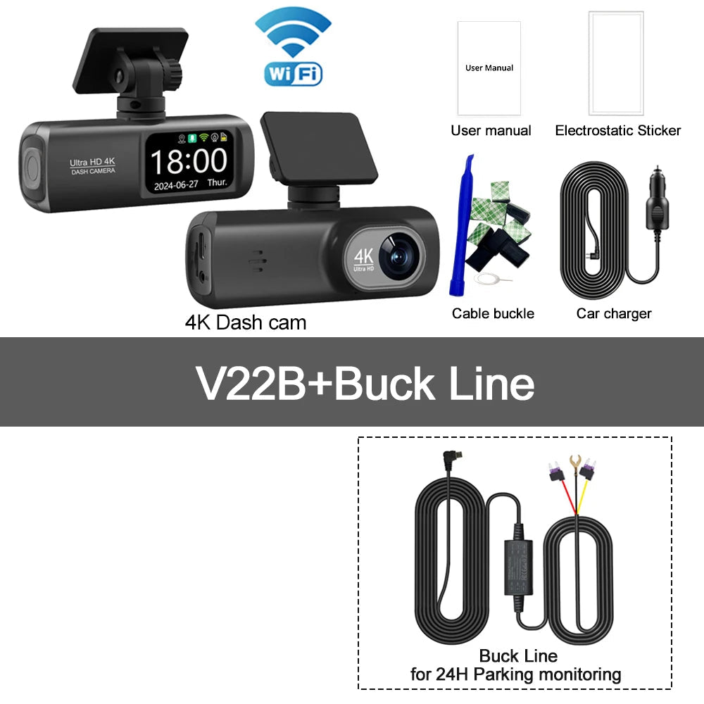 UHD 4K WiFi Dash Cam Dual Lens Driving Recorder Car DVR Optional 1080P Rear Lens Camera GPS 24H Parking Monitoring Black Box 