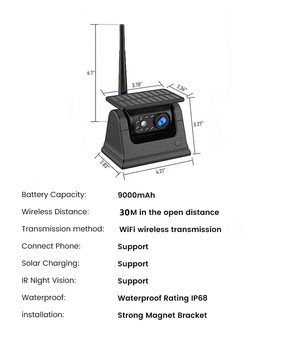 Solar Powered WiFi Magnetic Wireless Rear View Camera for iPhone AndroidRVs Trailers Trucks -1080P IR Night Vision Compatible 
