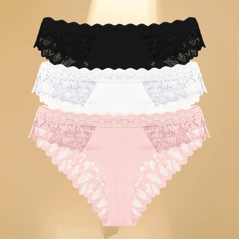 FINETOO 3Pcs Lace Hollow Out Underwear for Women Sexy Low-Waist Floral Briefs Female Invisible Breathable Lingerie Soft Intimate 