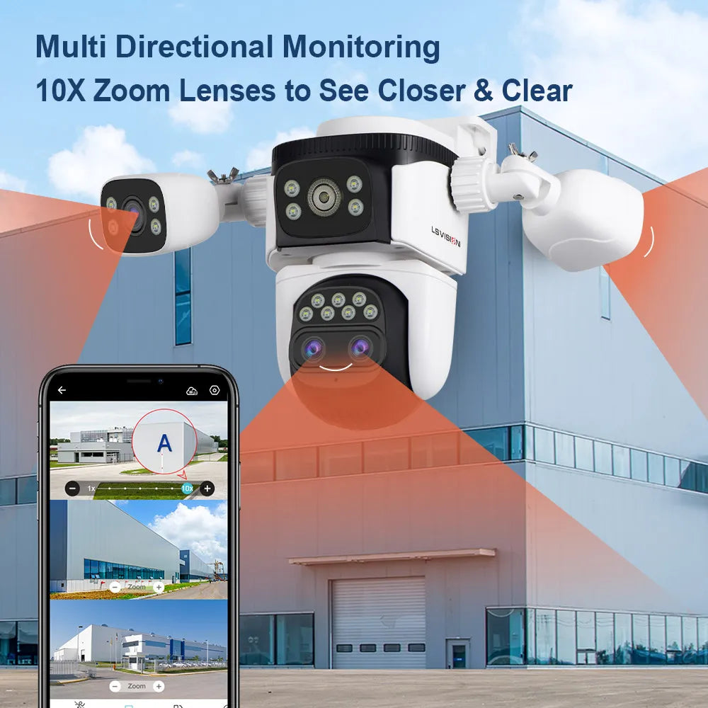 LS VISION 20MP Three Screens WiFi Security Camera Outdoor 10X Optical Zoom Four Lens Human Auto Tracking Waterproof CCTV Cameras 
