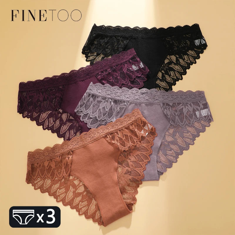 FINETOO 3Pcs Lace Hollow Out Underwear for Women Sexy Low-Waist Floral Briefs Female Invisible Breathable Lingerie Soft Intimate 