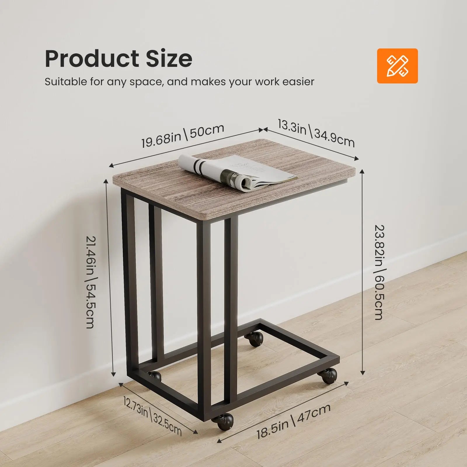 Rolling Overbed Sofa Table with Wheels Metal Frame C-Shape Desk