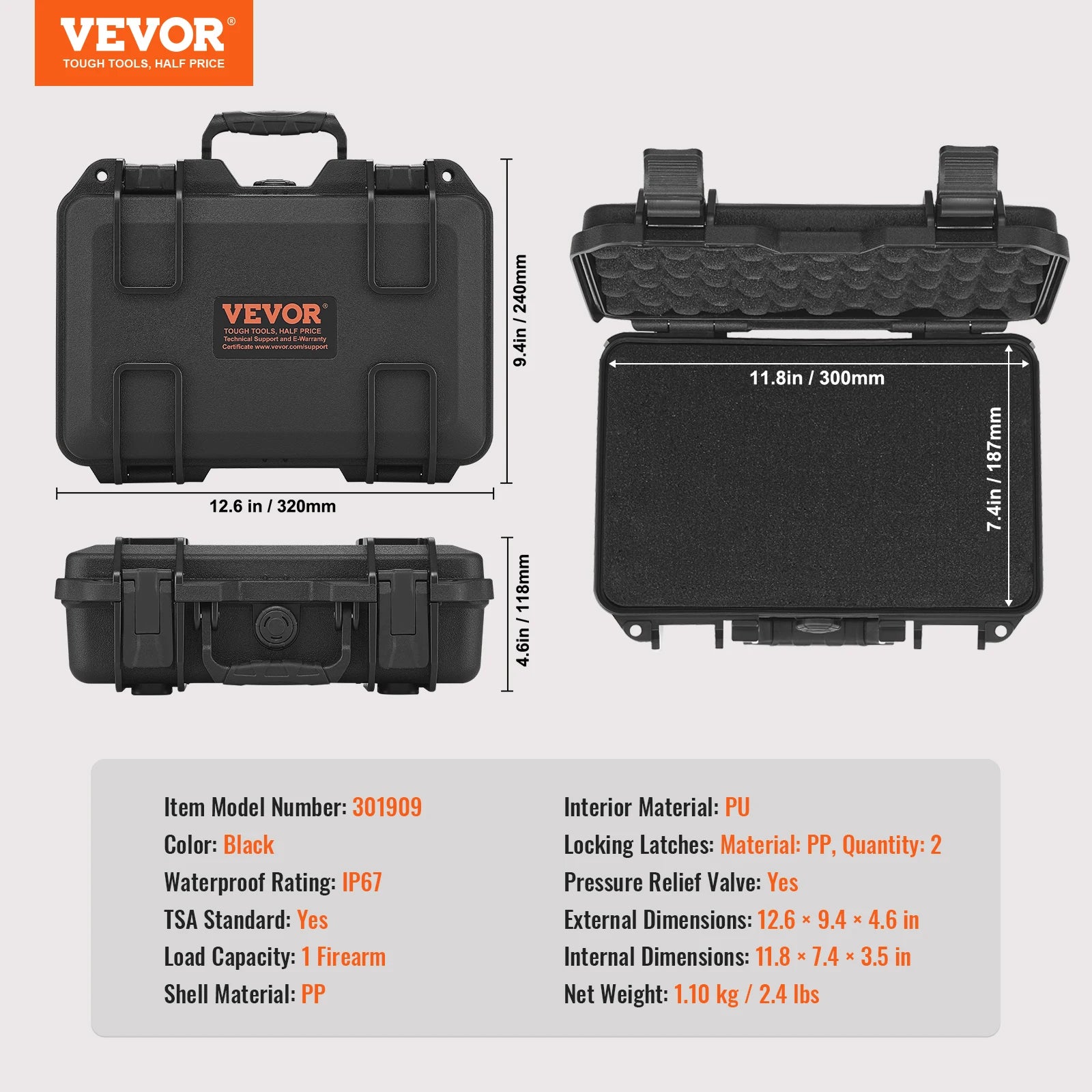 Hard Pistol Case with Pre-Cut Foam IP67 Waterproof TSA Lockable