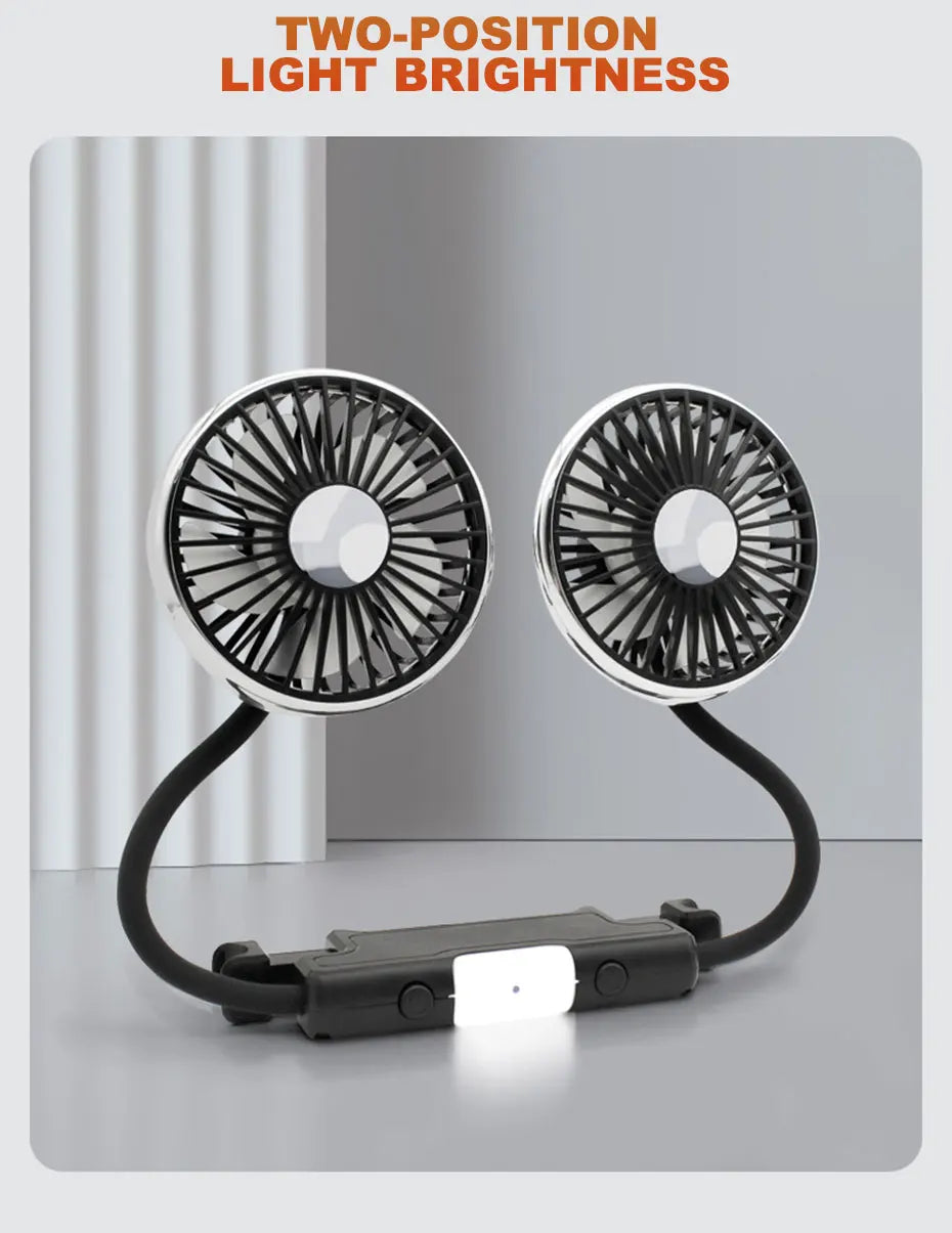 SEAMETAL Car Fan Cooling Dual Head Type-c Usb Car Fan 3 Speeds Adjustable Auto Cooler Air Fan With LED Lights Car Accessories