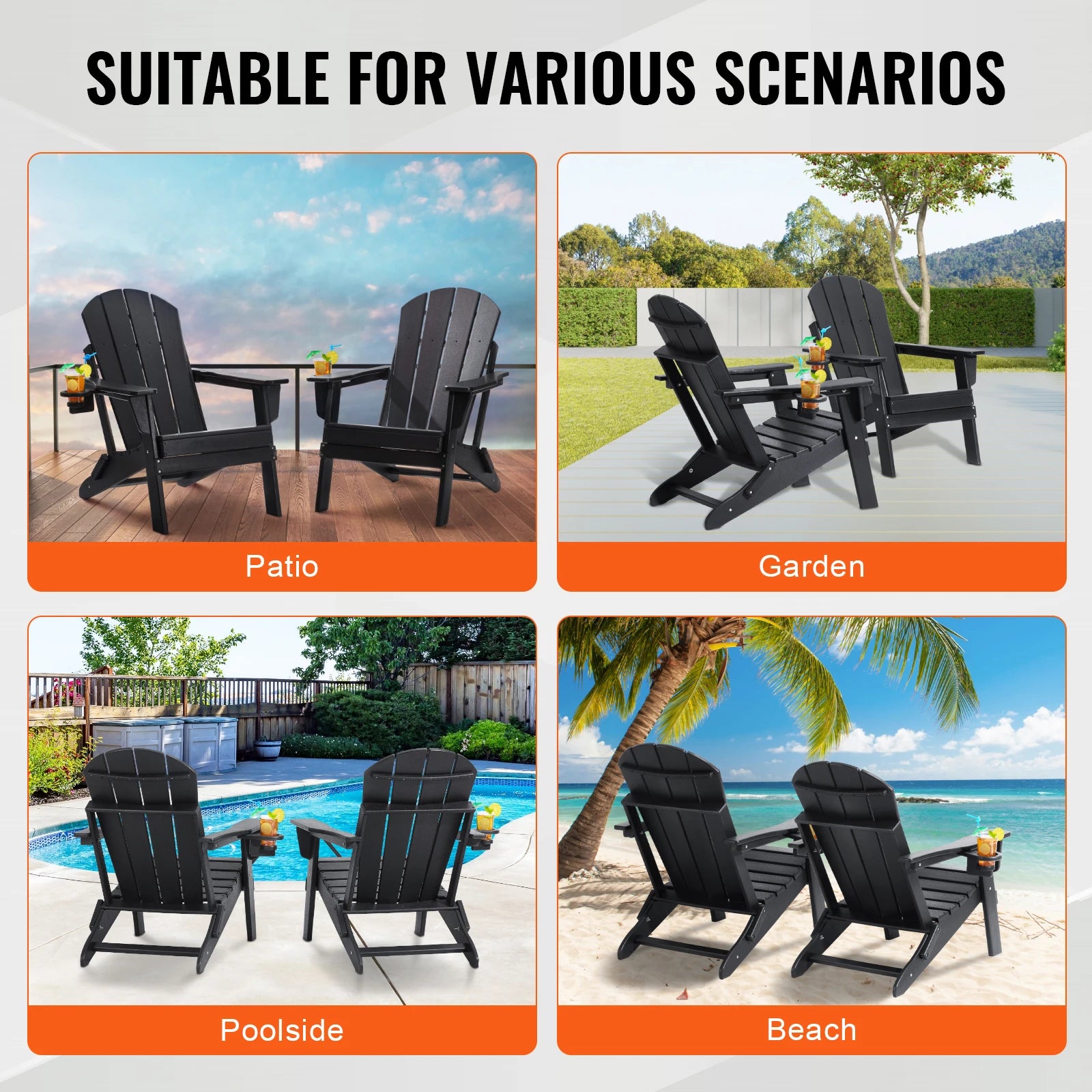 Plastic Adirondack Chair Set of 2 Foldable All-Weather with Cup Holder