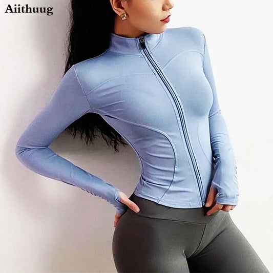 Aiithuug Giacche leggere da donna slim fit Giacca sportiva da corsa per yoga con zip intera da donna con fori per i pollici per l'allenamento