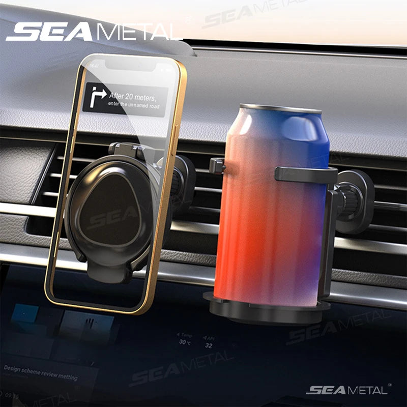 SEAMETAL 2 in 1 Car Phone Holder with Foldable Cup Holder 360-Degree Rotation Air Vent Magnetic Phone Mount Stable Drink Holder