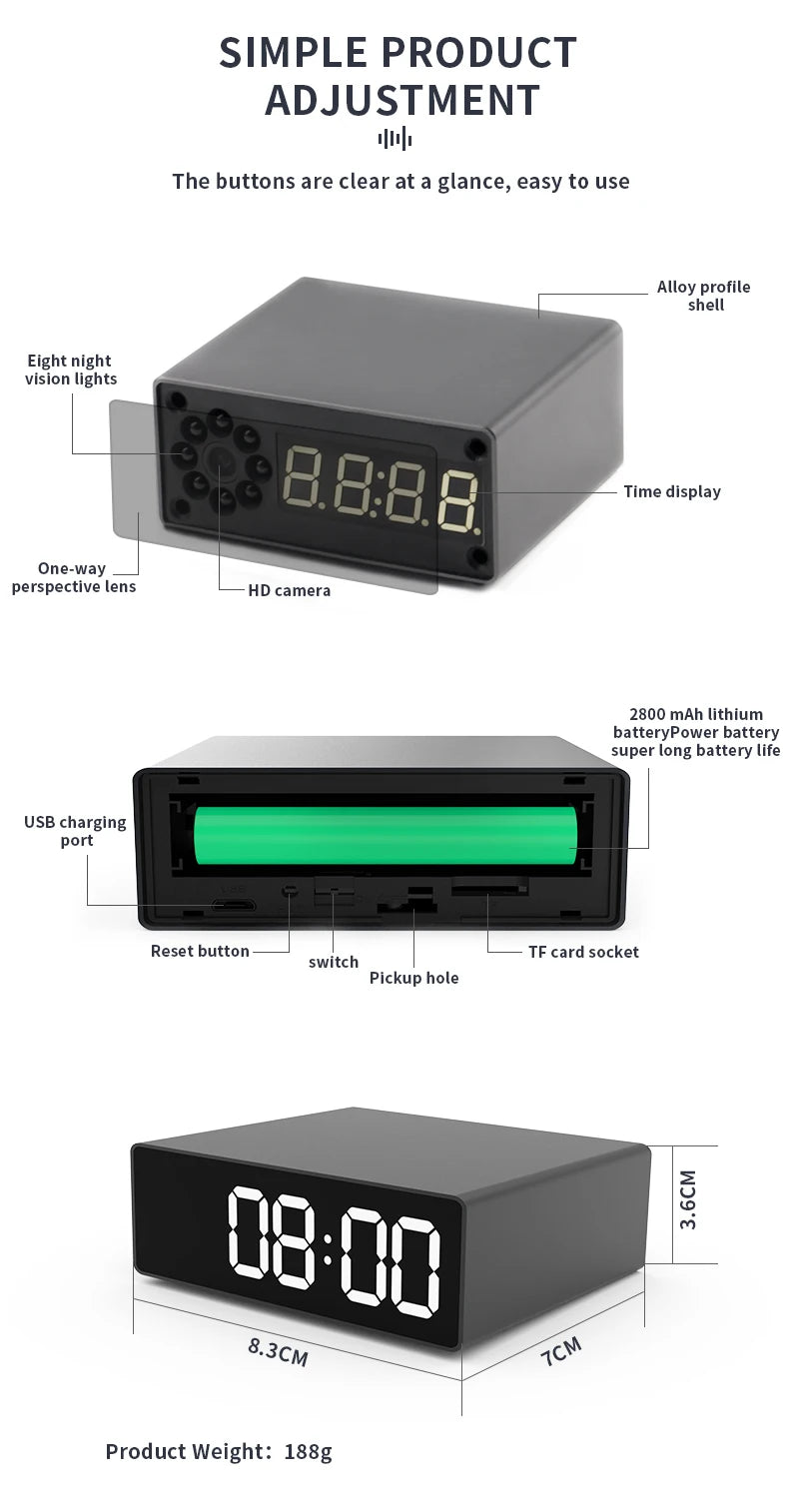 Cameră ceas cu vedere nocturnă 1080P pentru securitate discretă acasă