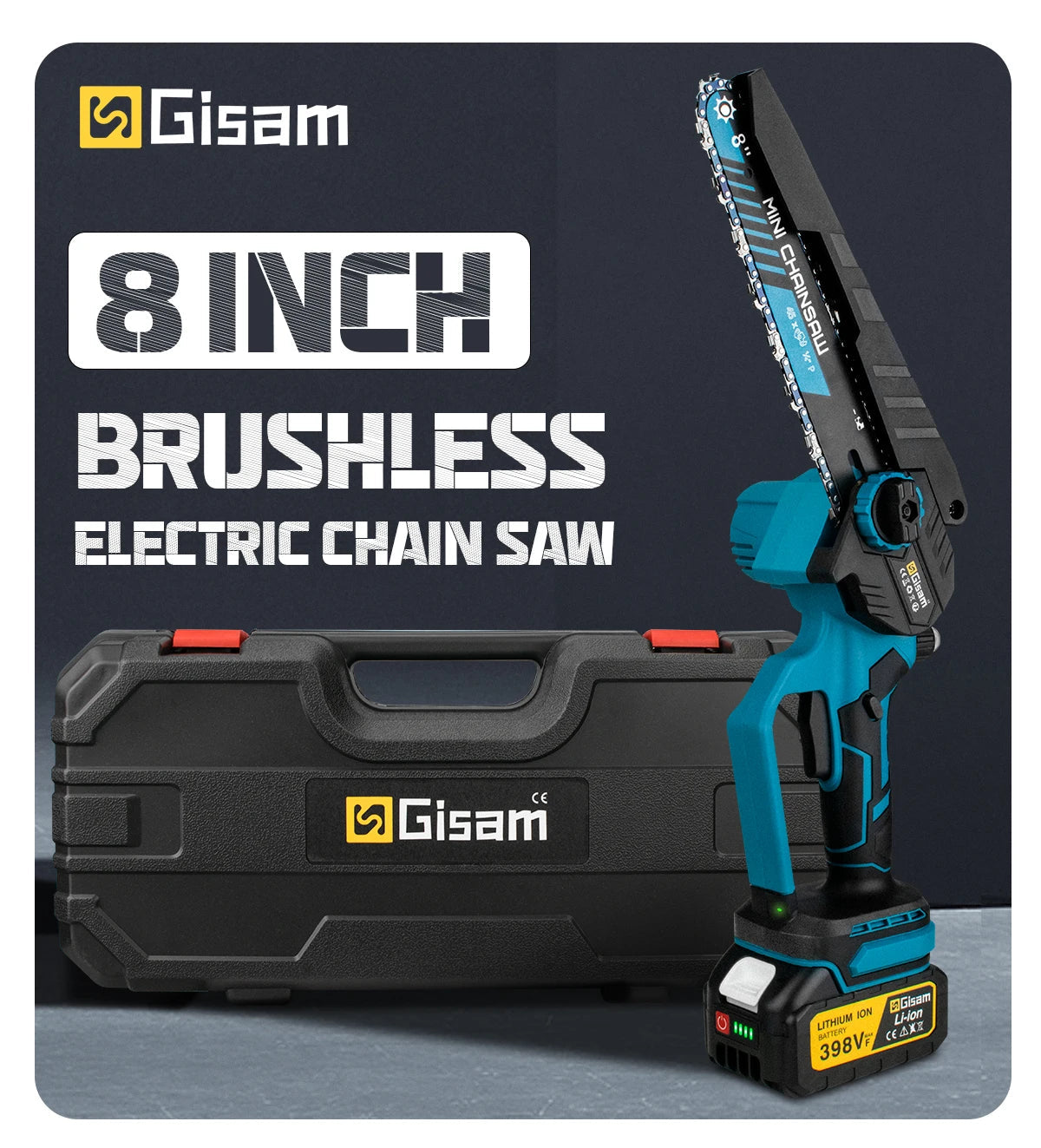 Gisam 8 Inch Brushless Electric Chainsaw Cordless Electric Saw Woodworking Garden Pruning Saw Tool For Makita 18V Battery Pins 