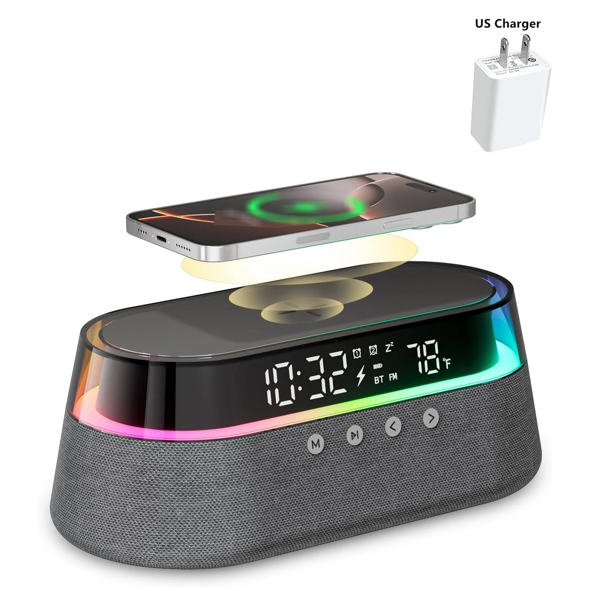 6-in-1 Smart Alarm Clock - 15W Wireless Charger, Bluetooth Speaker, FM Radio, Dual Alarm, USB Charger & RGB Night Light