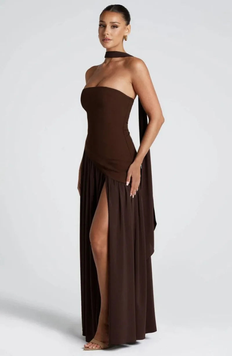 Elegant Strapless Floor-Length Women’s Slit Backless Evening Dress