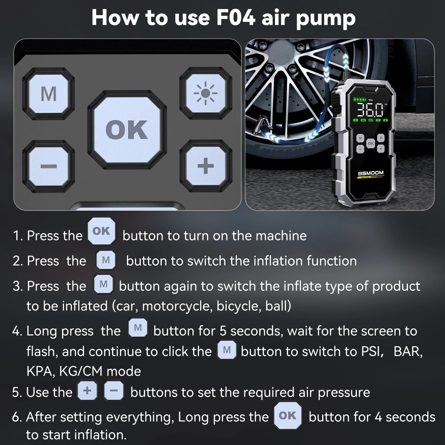 Auton hätäkäynnistysvirtalähde ilmapumpulla ja rengaspumpulla