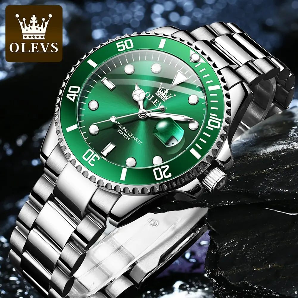 OLEVS Top Original Men Quartz Watch Green Waterproof Watch for Men Stainless Steel Quartz Men Luxury Watch Luminous Wristwatch 