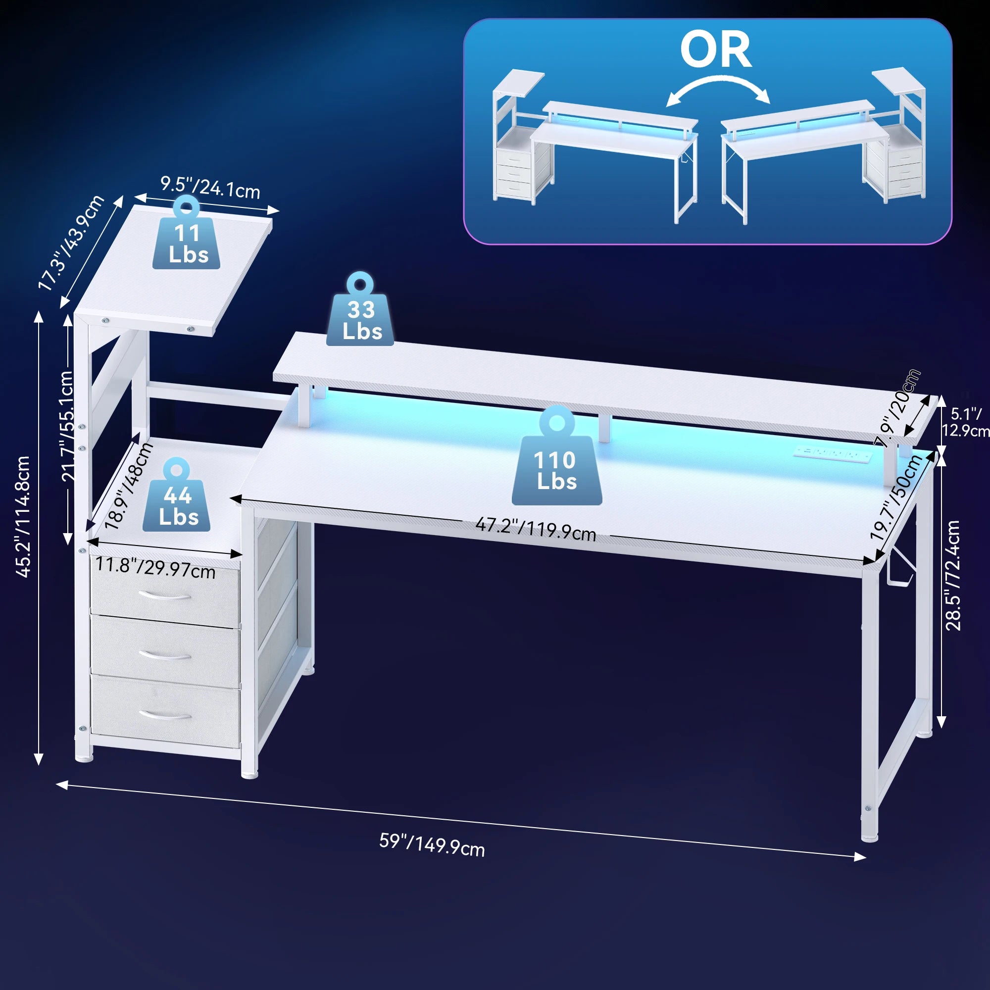 Reversible Gaming Desk with LED Lights, Power Outlets & Drawers