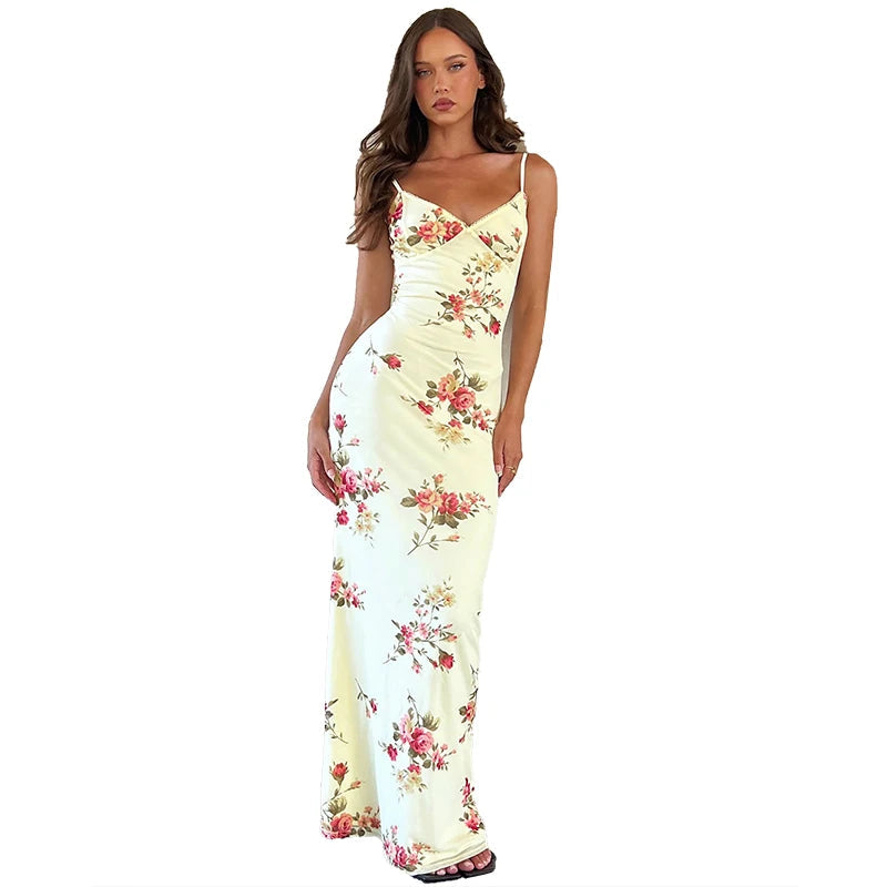 Dulzura Sexy Y2K Clothes Floral Print Sleeveless Backless Bodycon Maxi Dresses For Women 2023 Club Birthday Party Elegant Outfit 