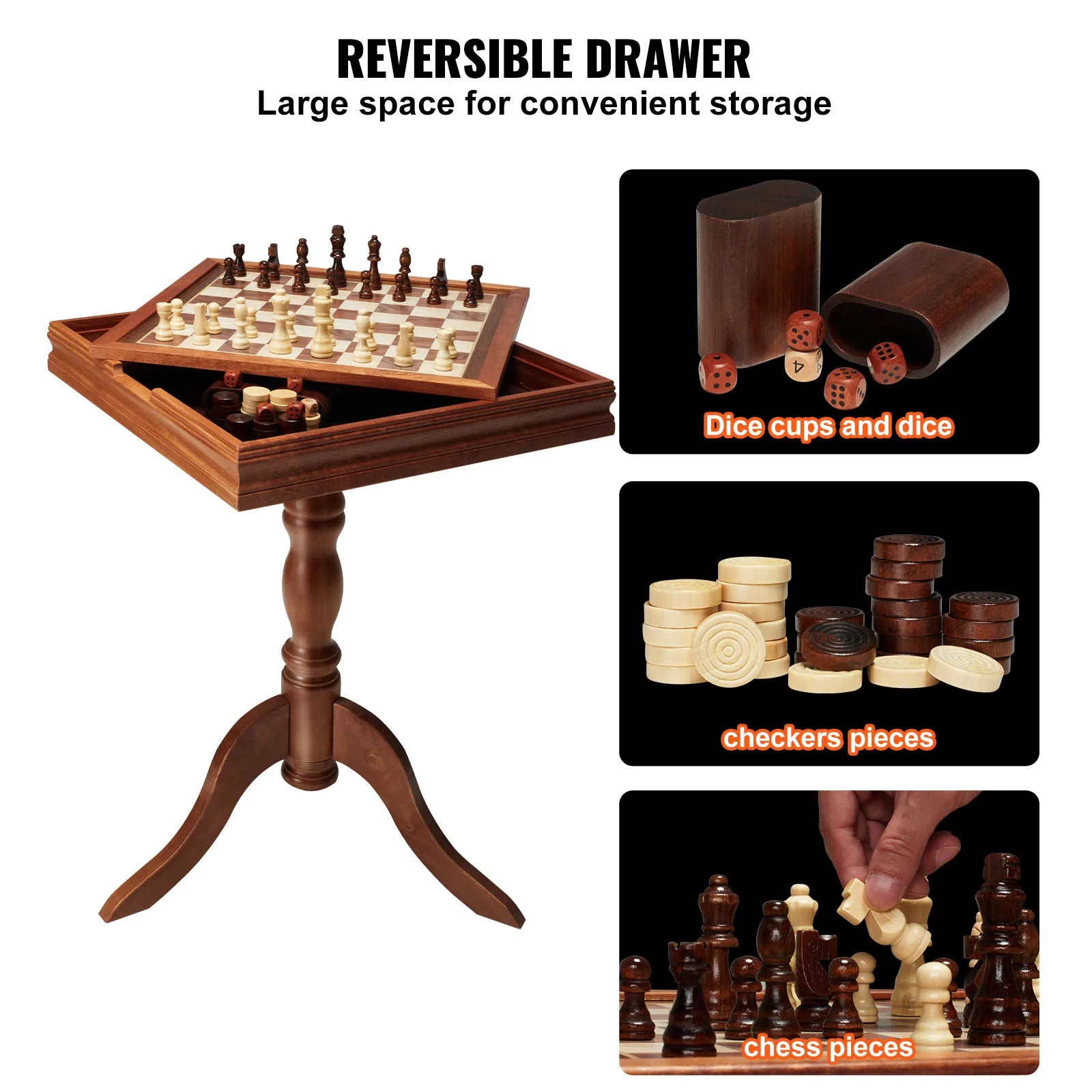3-in-1 Wooden Chess Table Set 18" Chess, Checkers & Backgammon