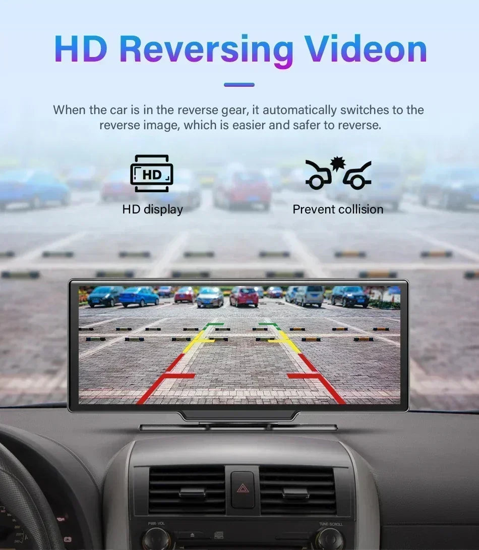 10.26 Inch Dash Cam Rearview Mirror Display with Wireless CarPlay and Android Auto, 4K Front and 1080P Rear Recording