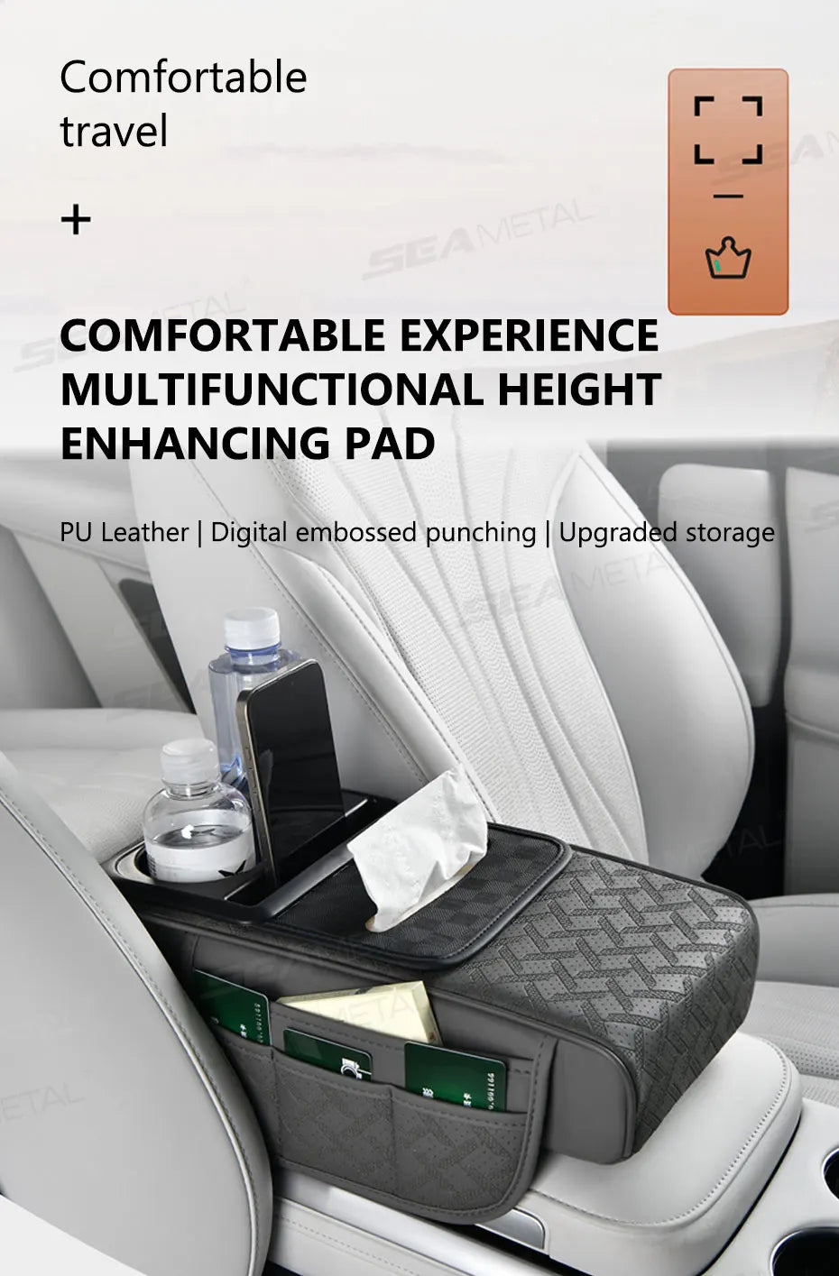 SEAMETAL 12 in 1 Car Arm Rest Cushion Multi-Pocket Center Console Cushion with Cup Holder/Tissue Holder Car Elbow Support Pad
