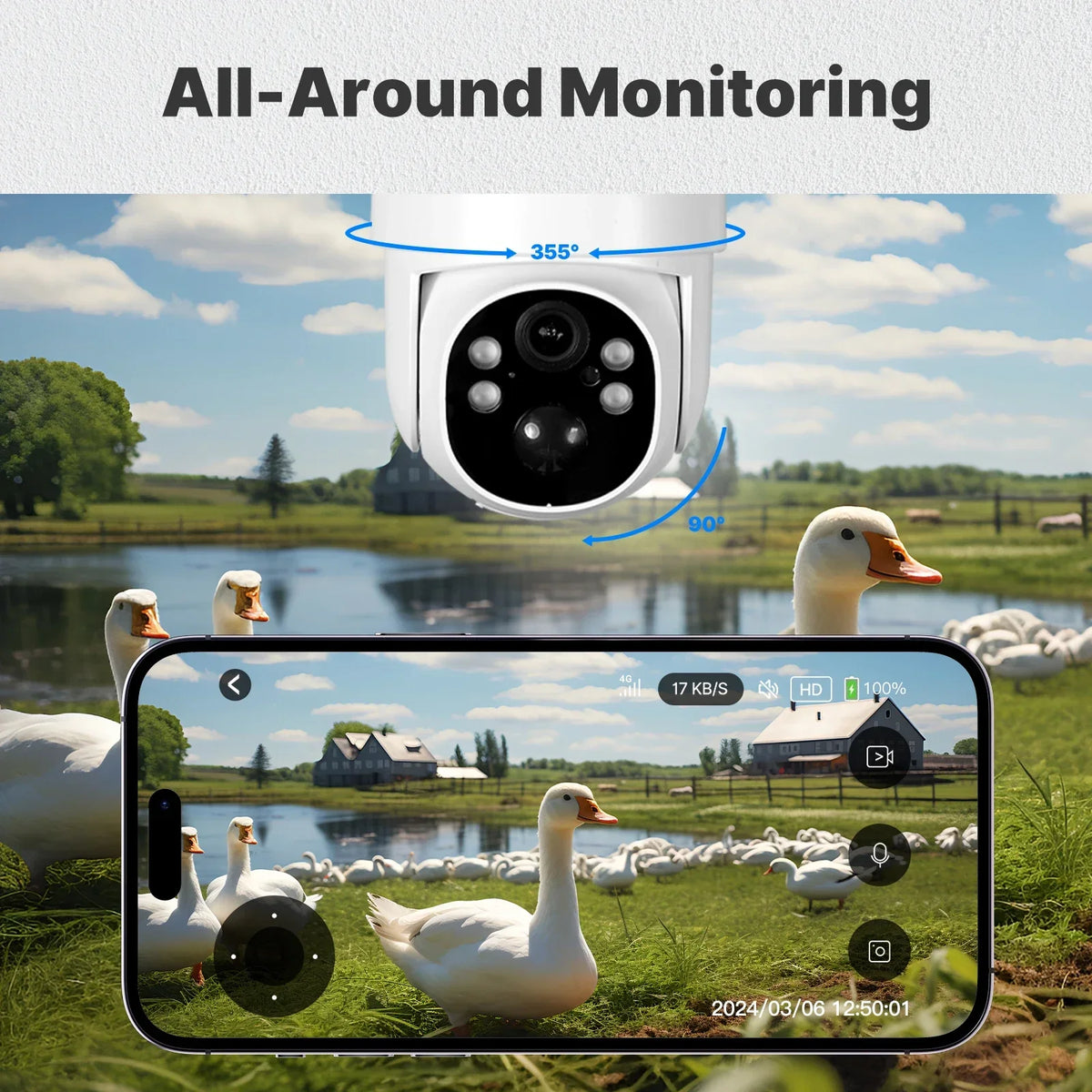 4MP Solar Outdoor Security Camera with WiFi/4G, IP65 Waterproof, Human Tracking, Full Color Night Vision