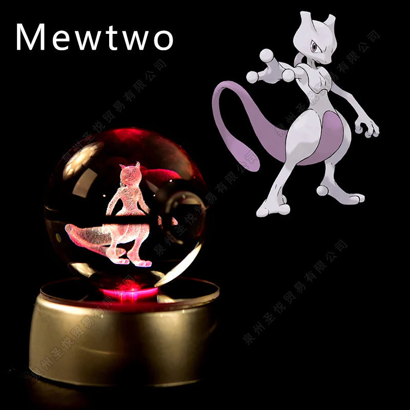 Pokemon Crystal Ball 3D Pikachu Gengar Mewtwo Night Light Lamp Pokeball 3D Glass Pokemon Crystal Ball Statue Kids Birthday Gift 