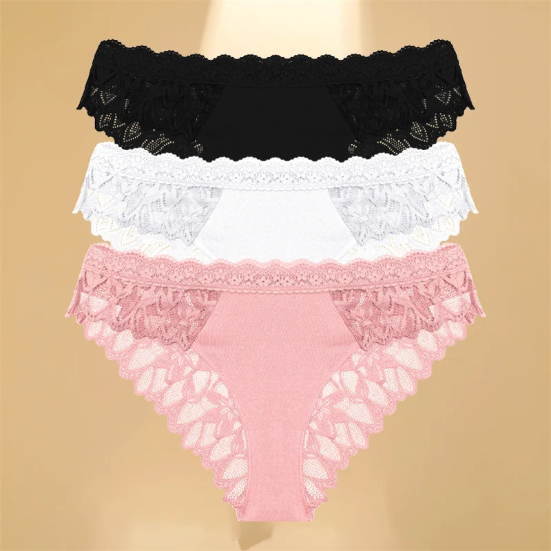 FINETOO 3Pcs Lace Hollow Out Underwear for Women Sexy Low-Waist Floral Briefs Female Invisible Breathable Lingerie Soft Intimate 