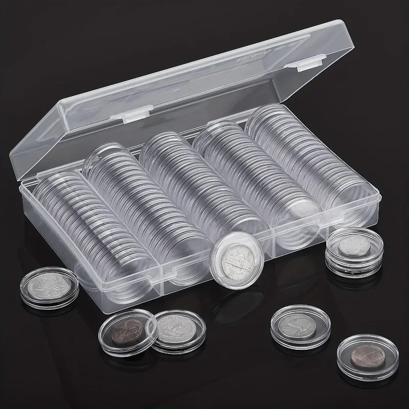 27mm Clear Coin Capsules with Organiser, 100 Pieces