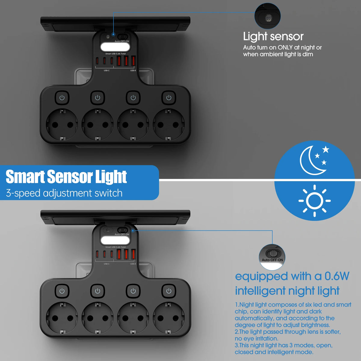 EU Switched Socket Adapter with USB-C