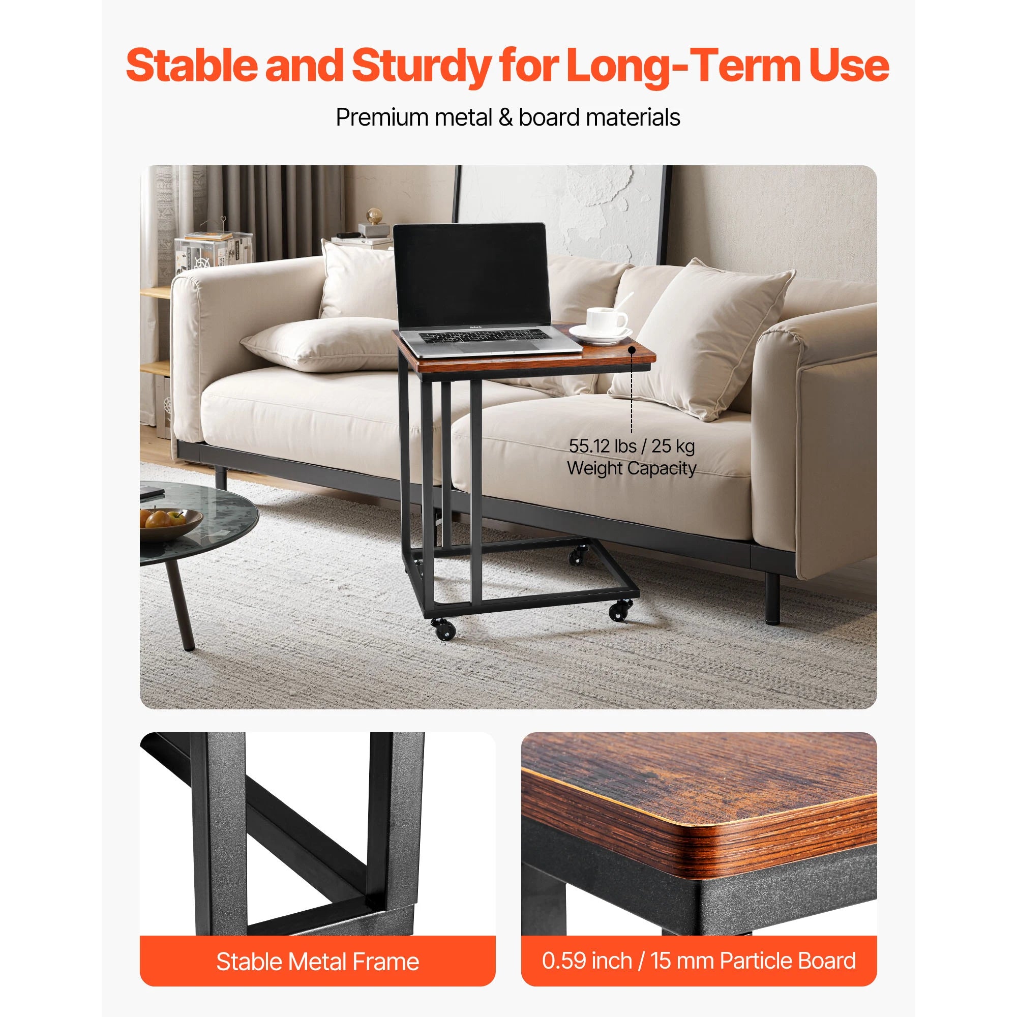 SucceBuy C Table C Shaped Sofa Side Table with Metal Frame Rolling Casters Portable C Shaped End Stand for Living Room Office