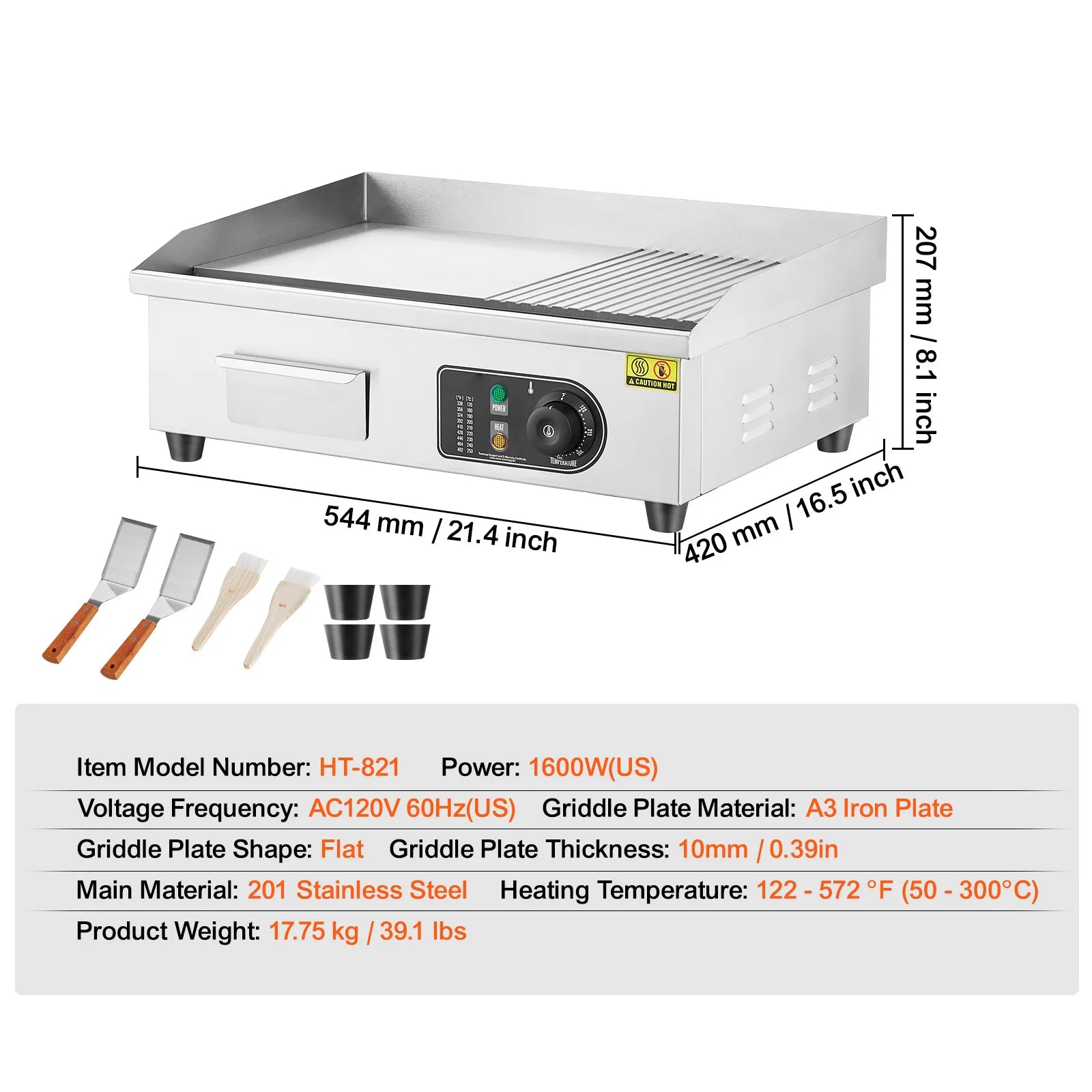 Commercial Electric Griddle 122–572°F Flat Top Countertop Grill