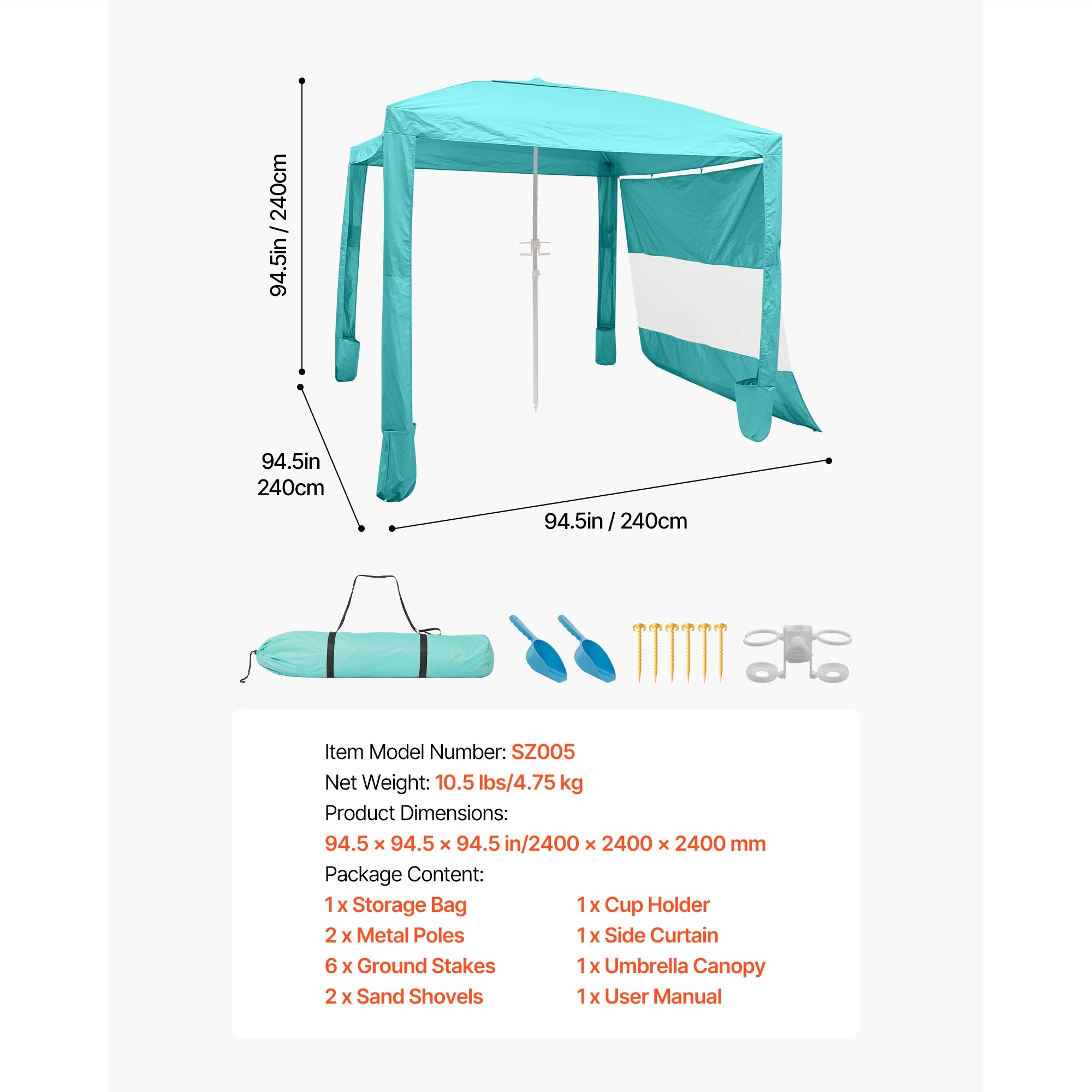 Tenda cabana da spiaggia 8x8 ft con ombra UPF 50+ e parete laterale