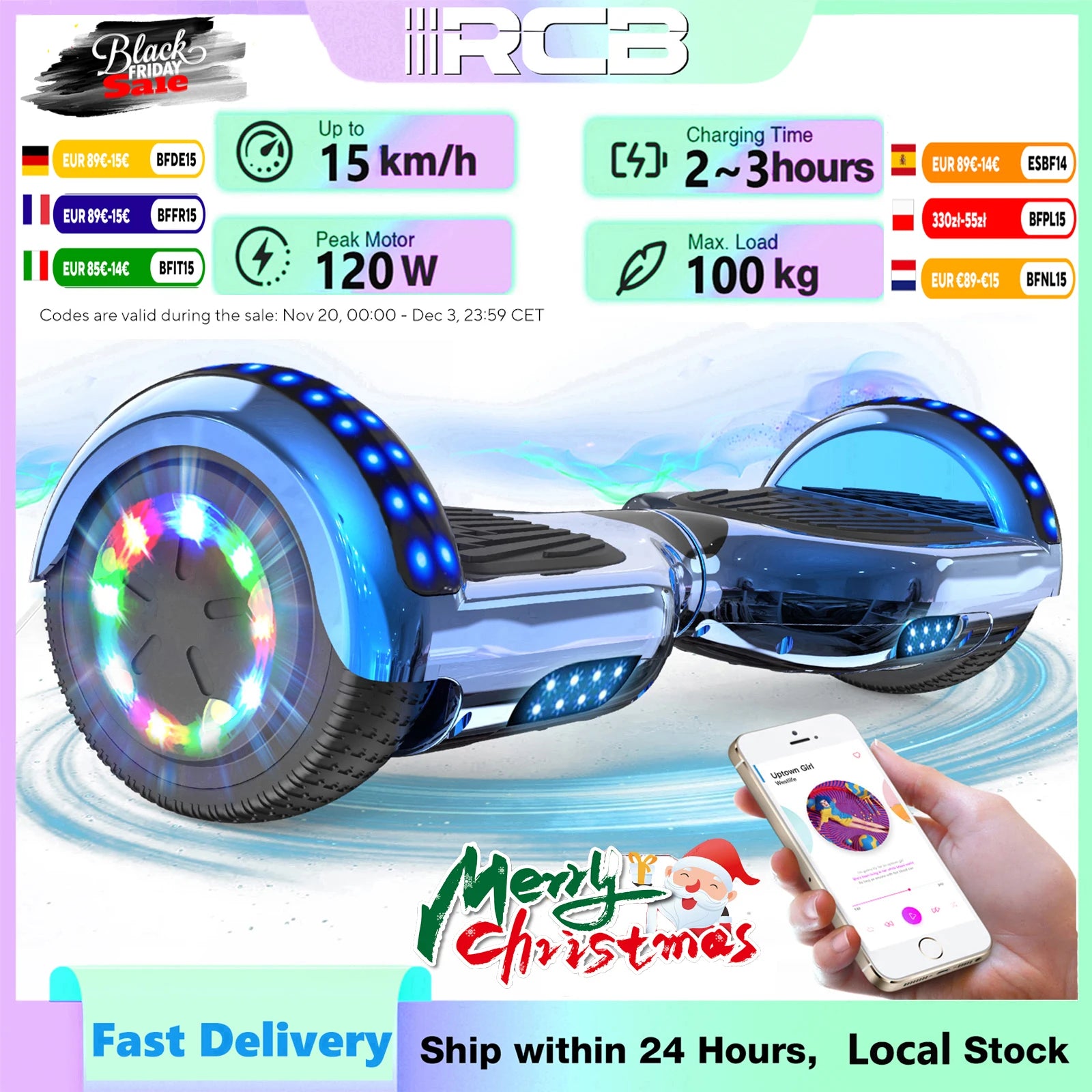 RCB Hoverboard Bluetooth hangszóróval és LED világítással