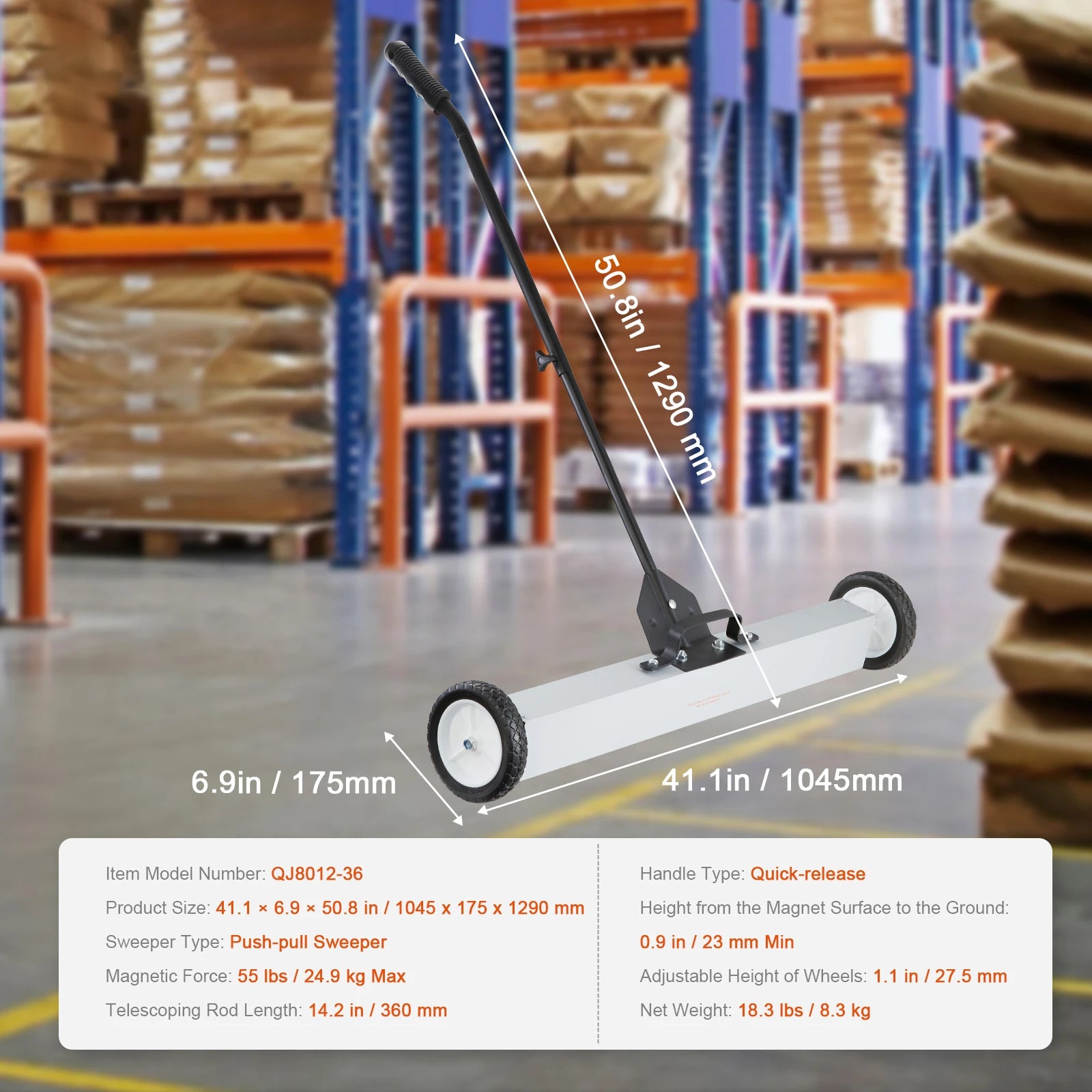 15" Rolling Magnetic Sweeper with Wheels for Nails & Metal Debris