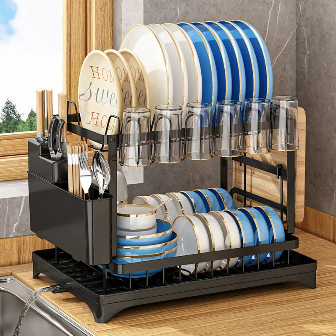 2-Tier Rotating Dish Drying Rack with Utensil Holder