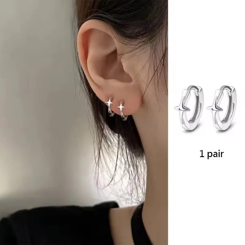 925 Sterling Silver CZ Star Moon Asymmetric Hoop Earrings