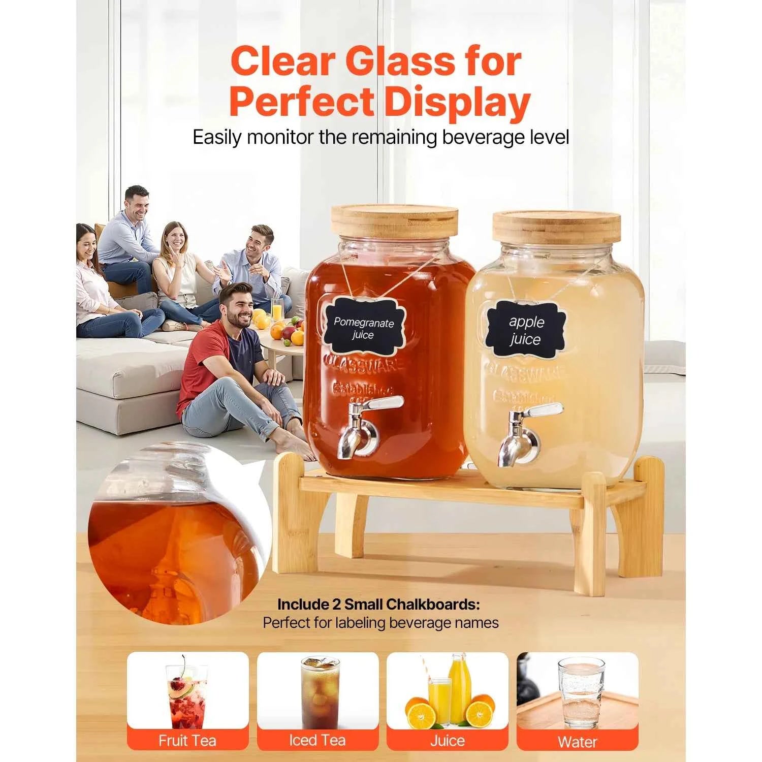Glass Beverage Dispenser with Wood Stand and Spigot