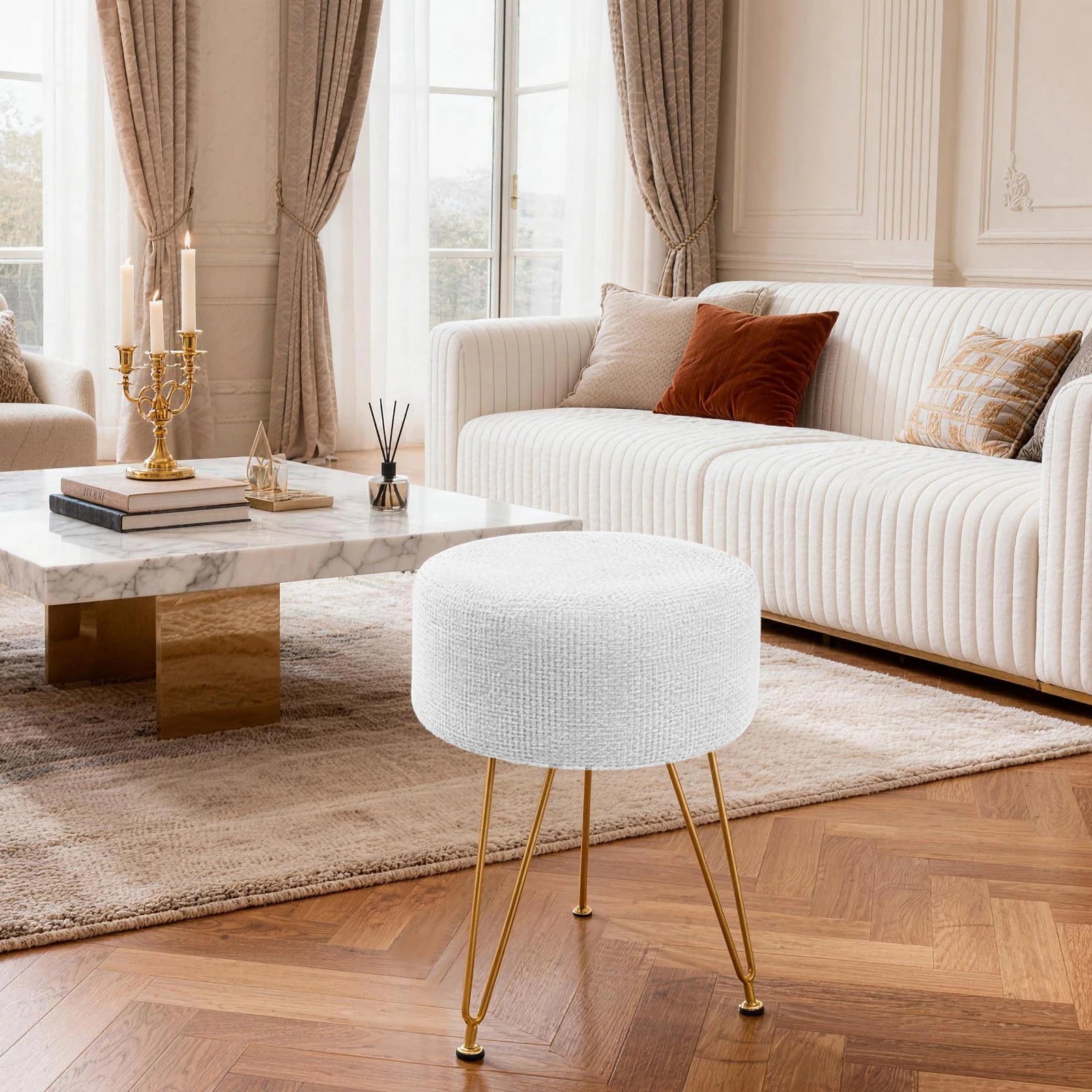 Pouf rotondo in velluto con contenitore nascosto e gambe in metallo