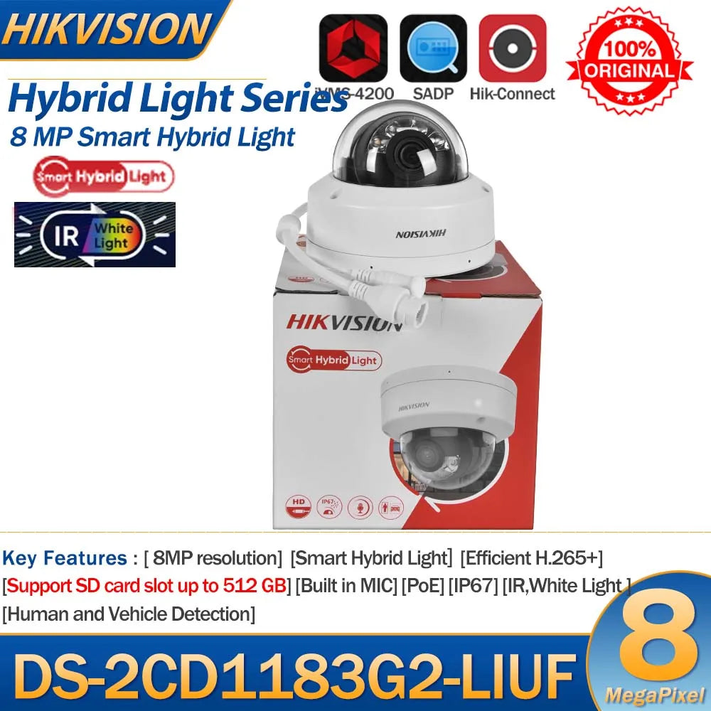 Hikvision 8MP IP Camera DS-2CD1183G2-LIUF 4K Smart Hybrid Light IR White Light Built-in Mic Dome Network Camera SD Card Slot Spy-shop.com