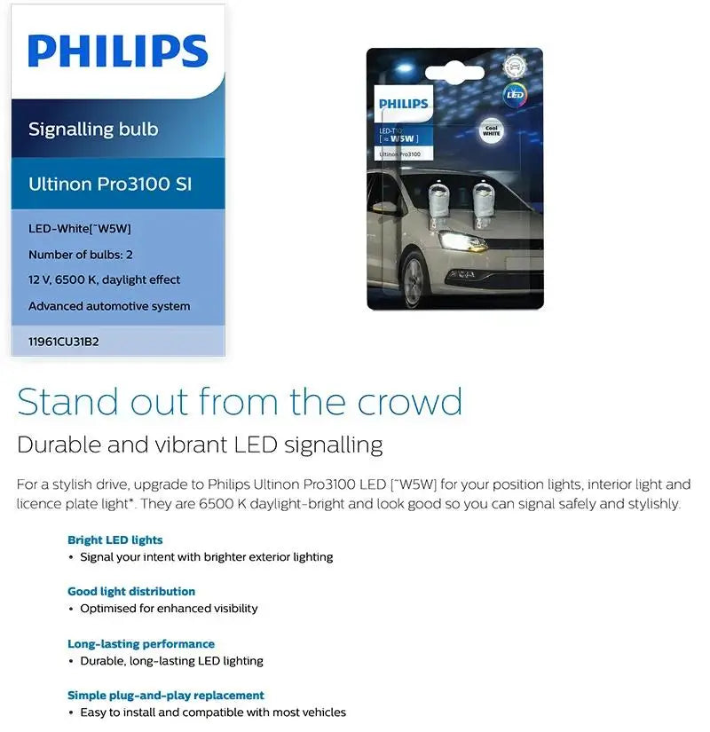 Philips Ultinon Pro3100 LED T10 W5W 6500K Cool White New Style Car Interior/parking Light Turn Signals Lamps 11961CU31B2, Pair