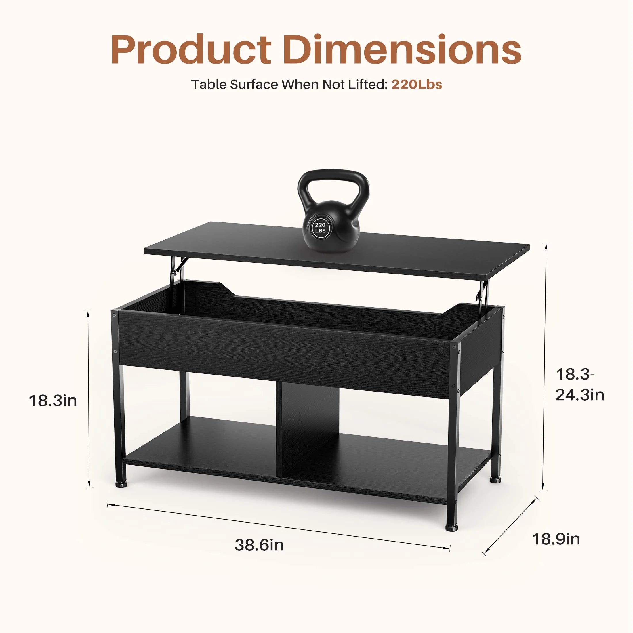 39" Lift Top Coffee Table with Storage Shelf Adjustable Wood Desk