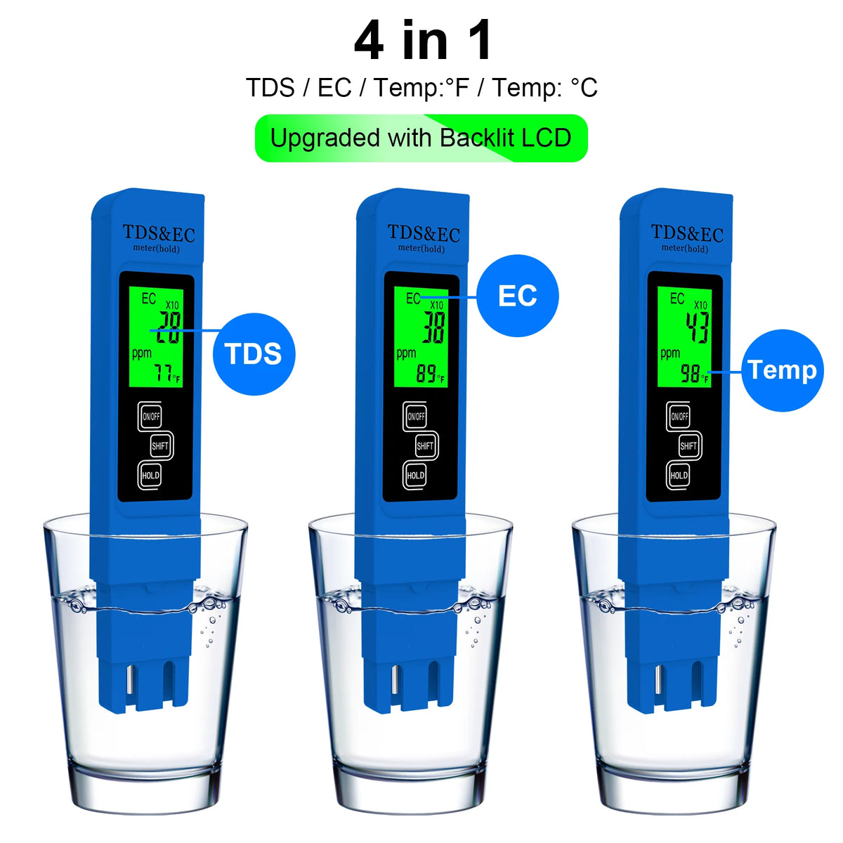 Vattentestare, TDS-mätare, EC-mätare och termometer 3 i 1, 0-9999 ppm noggrann för dricksvatten, hydroponik, akvarium