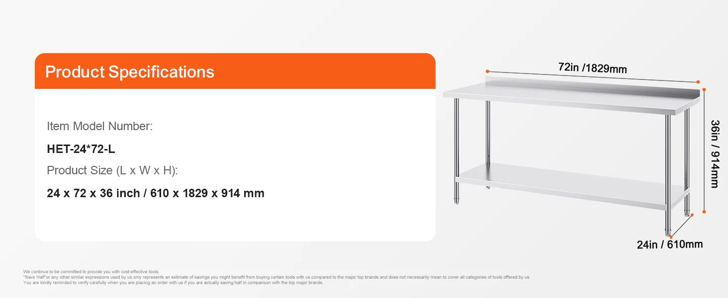 Stainless Steel Work Table 24x72 Inch Heavy-Duty Prep Station