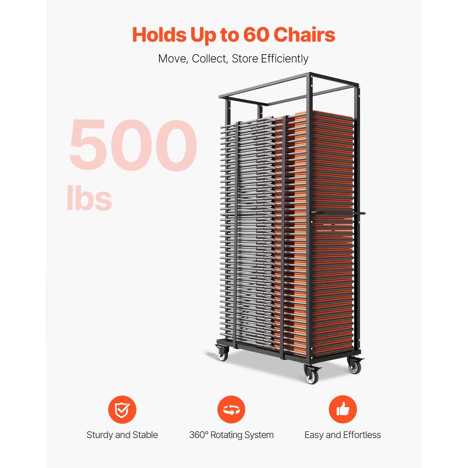 SucceBuy Carrinho-Dobra para 500 LBS de Racks de Cadeiras Aco Carro de Armazenamento de Cadeiras com Rodas Giratórias de Bloqueio para 60 Cadeiras, Uso em Eventos/Festas