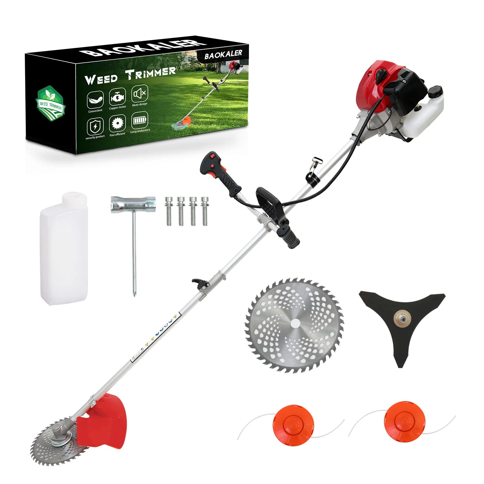 Desbrozadora a gasolina de 52cc y 2 tiempos, cortadora de césped manual con eje recto, desbrozadora a gasolina con 4 cabezales desmontables