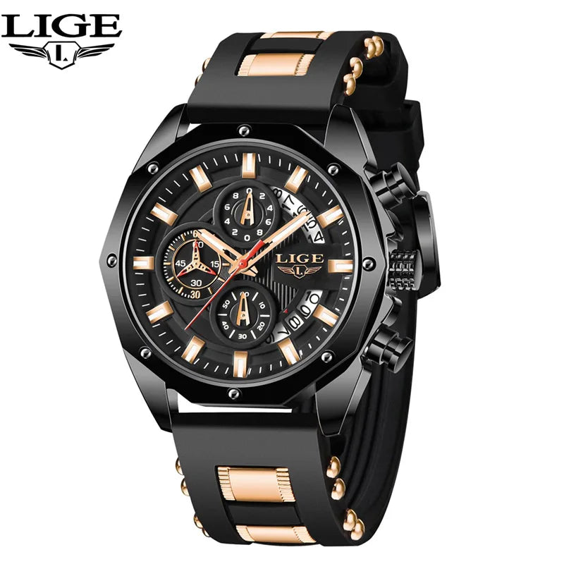 LIGE Fashion Men Watches Top Brand Luxury Silicone Sport Watch Men Quartz Date Clock Waterproof Wristwatch Chronograph Clock Man 